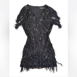 VINTAGE AND RARE Flapper Girl Black Sequin Fringe Mini Dress
